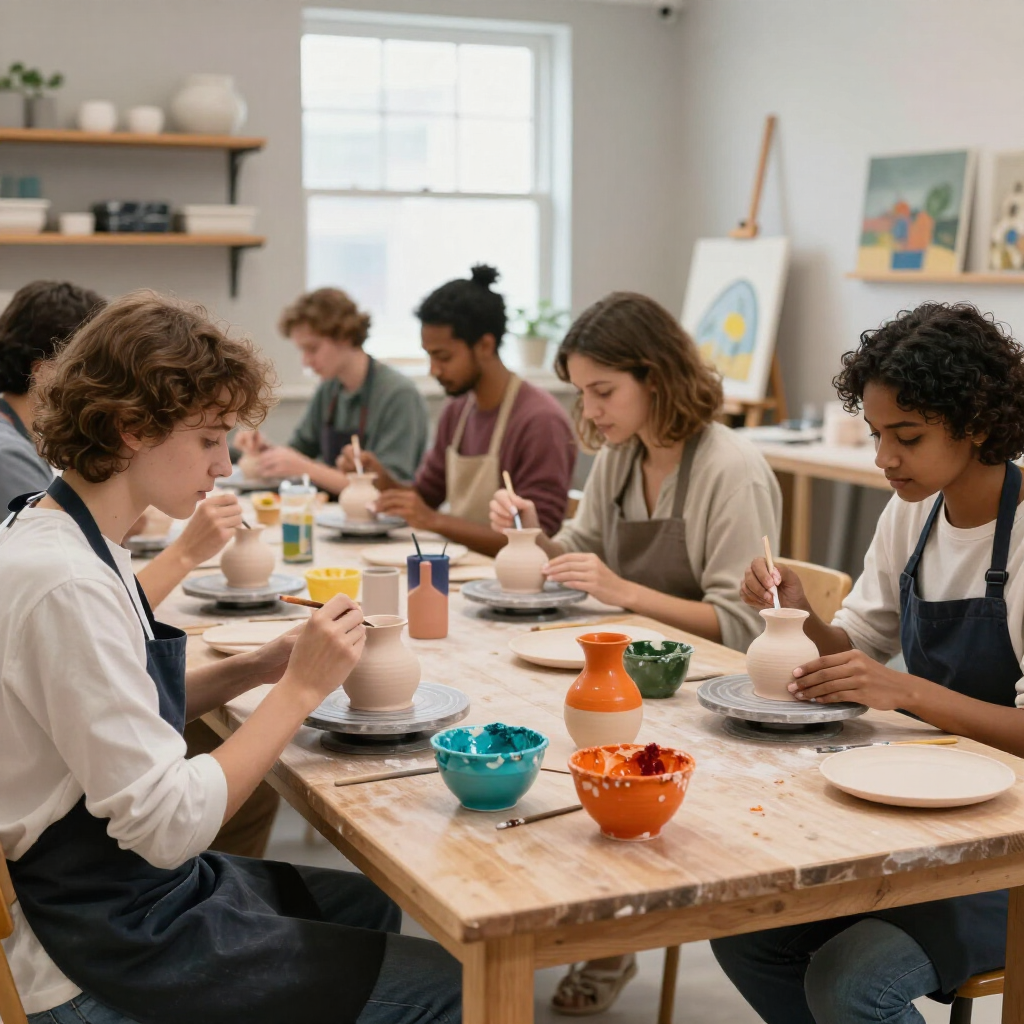 A group of people wearing aprons sit at a long wooden table in a studio, focused on painting ceramic pottery.