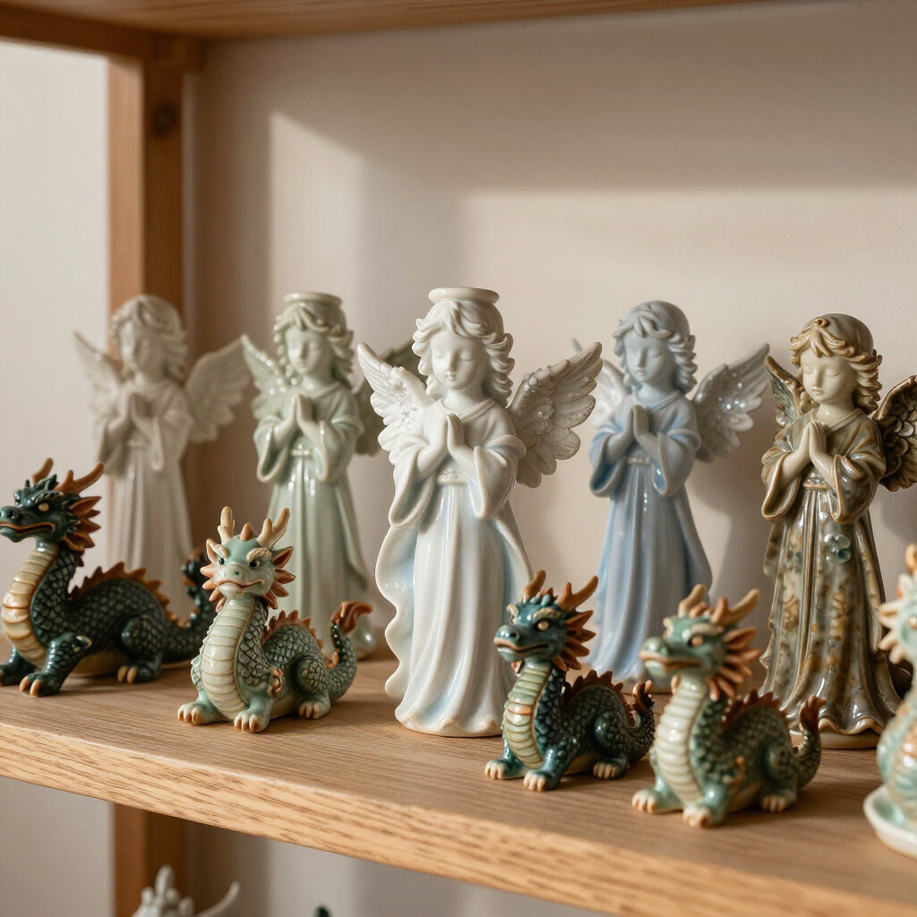 A shelf lined with various small porcelain angel figurines with wings and colorful dragon statues.