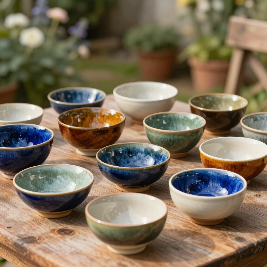 A collection of small, colorful ceramic bowls arranged on a rustic wooden table outdoors in a garden setting.