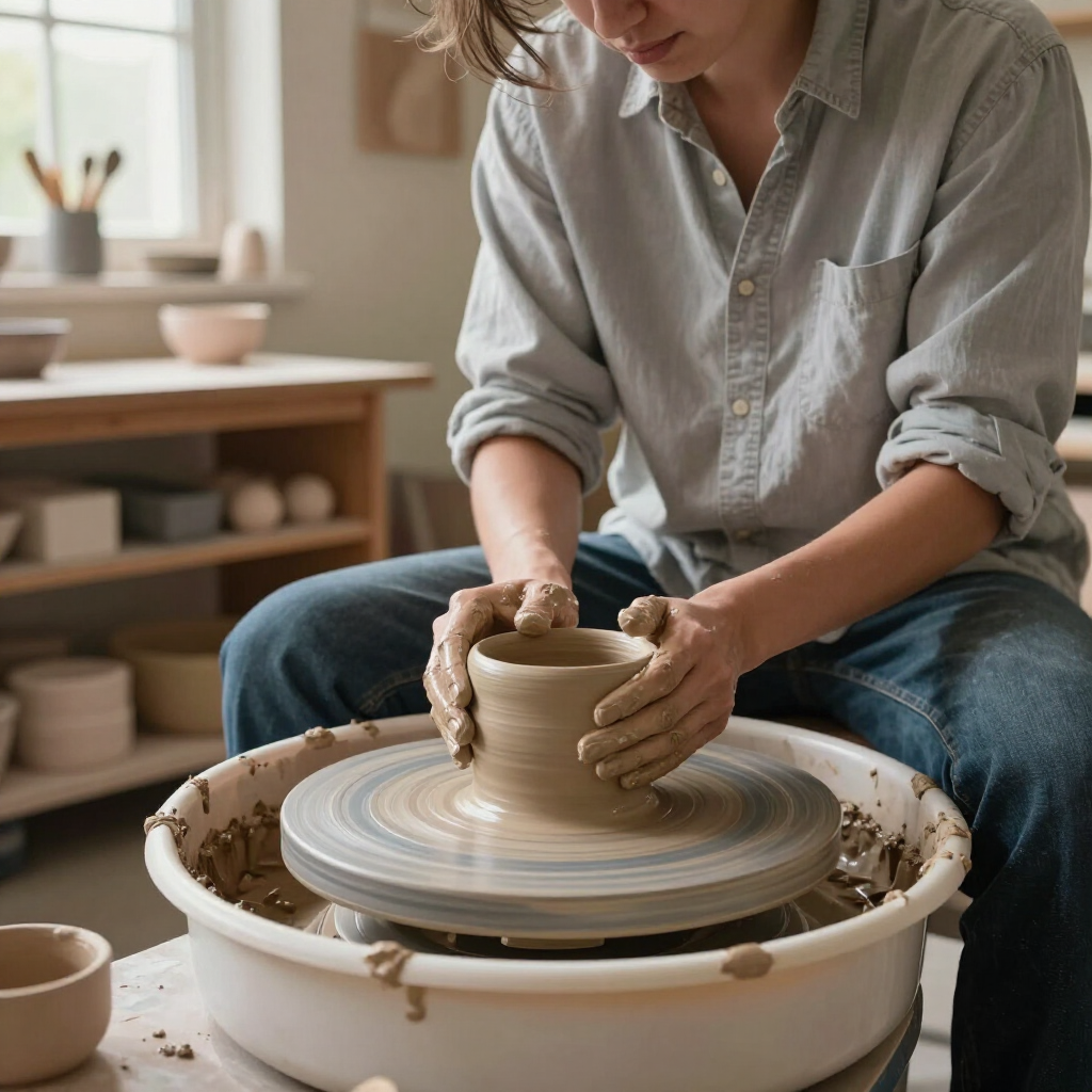 A person in a gray shirt sits at a pottery wheel, shaping a clay vessel with both hands in a workshop setting.