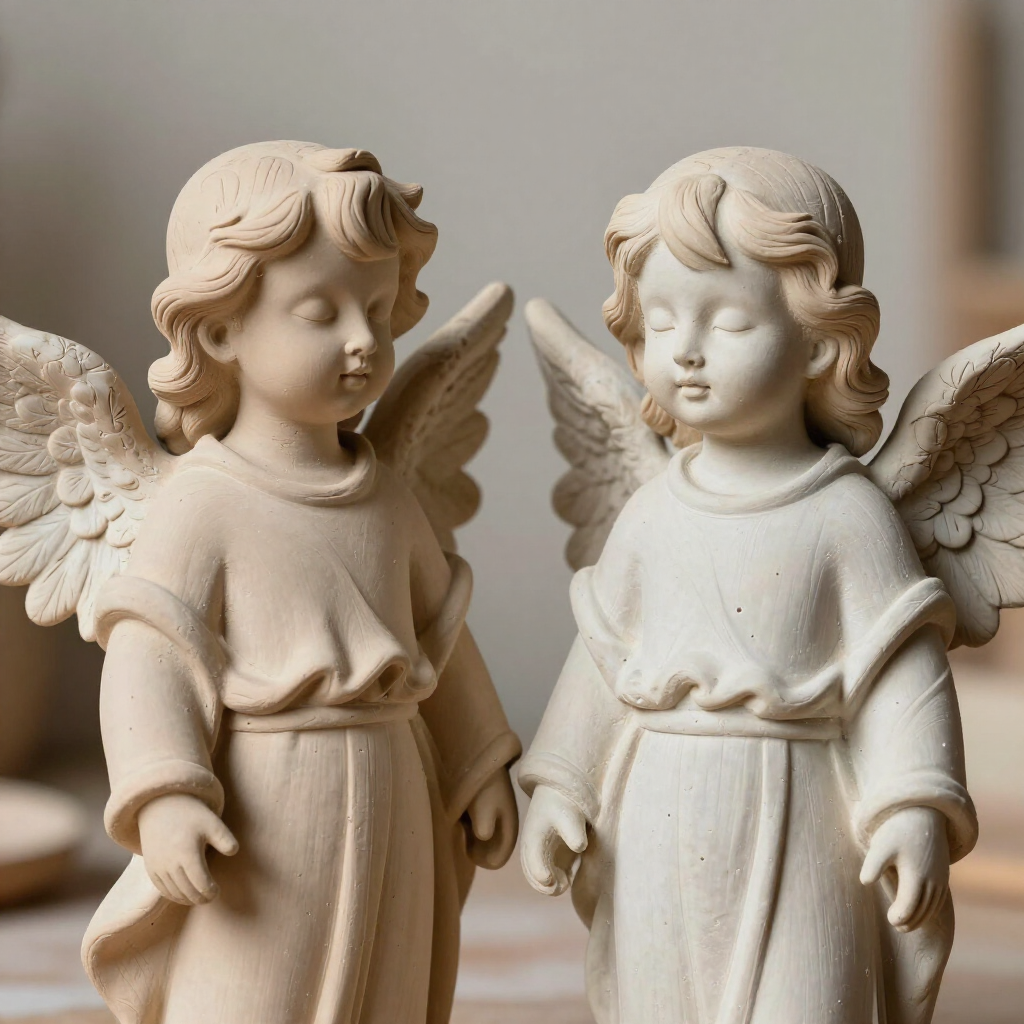 Two cream-colored stone angel figurines with closed eyes and wings, positioned side-by-side against a soft, neutral background.