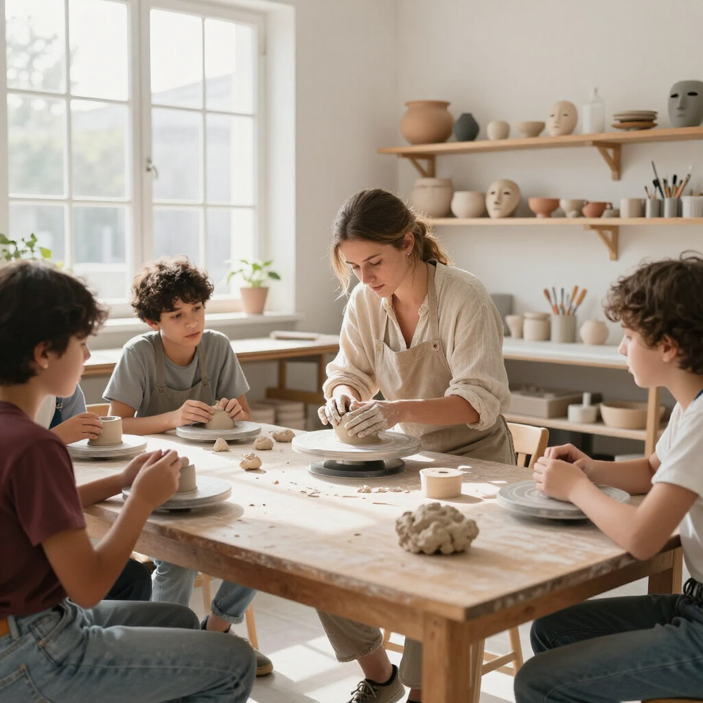 A workshop leader teaching three children how to shape clay at a wooden table in a bright, sunlit pottery studio.