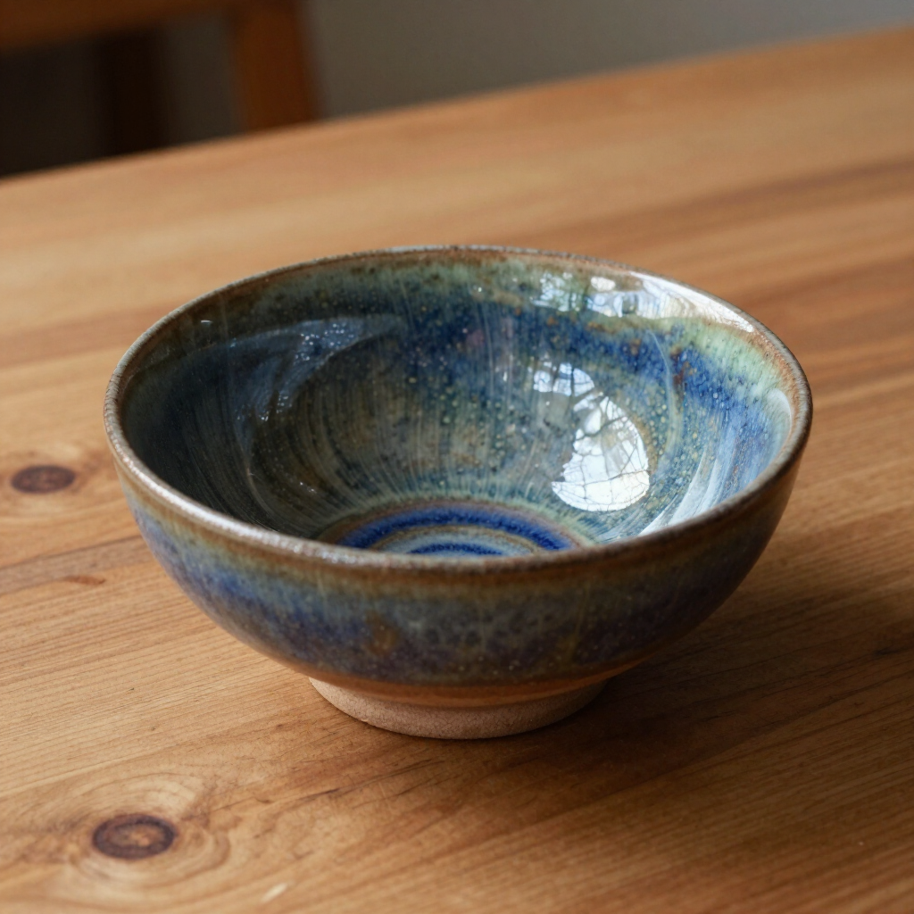 A handcrafted ceramic bowl with a mottled blue and green glaze, resting on a light wood surface.