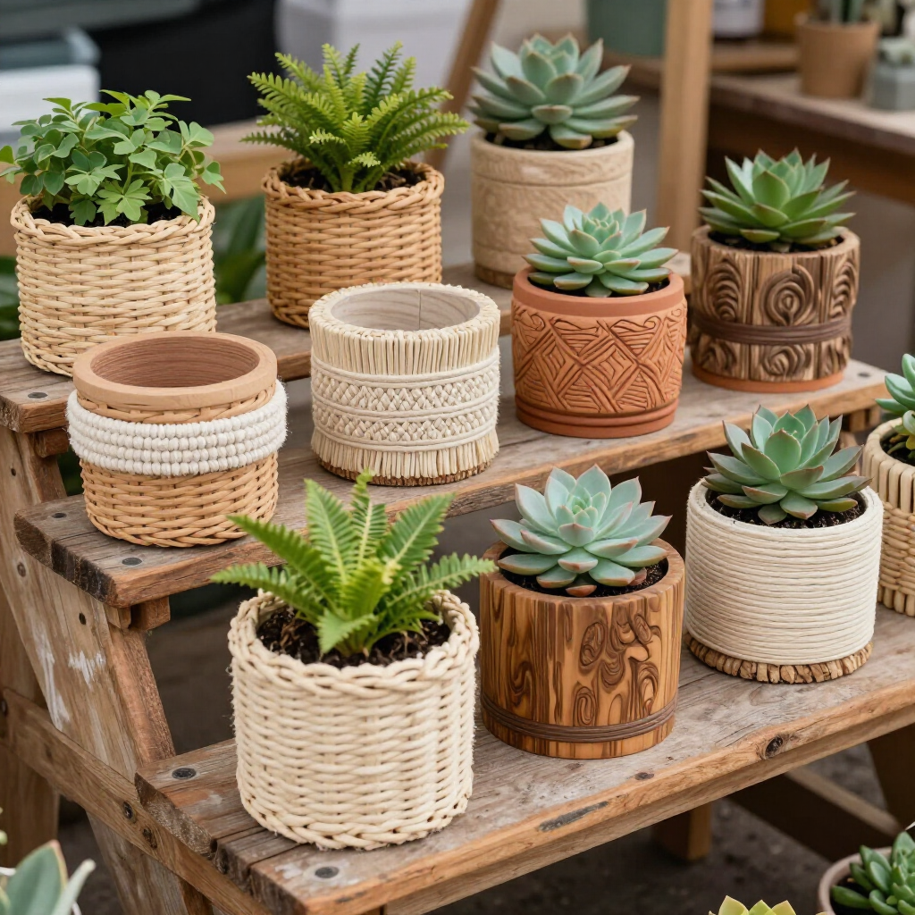 Various potted succulents and small green plants arranged on a wooden tiered shelf, featuring textured, decorative pots.