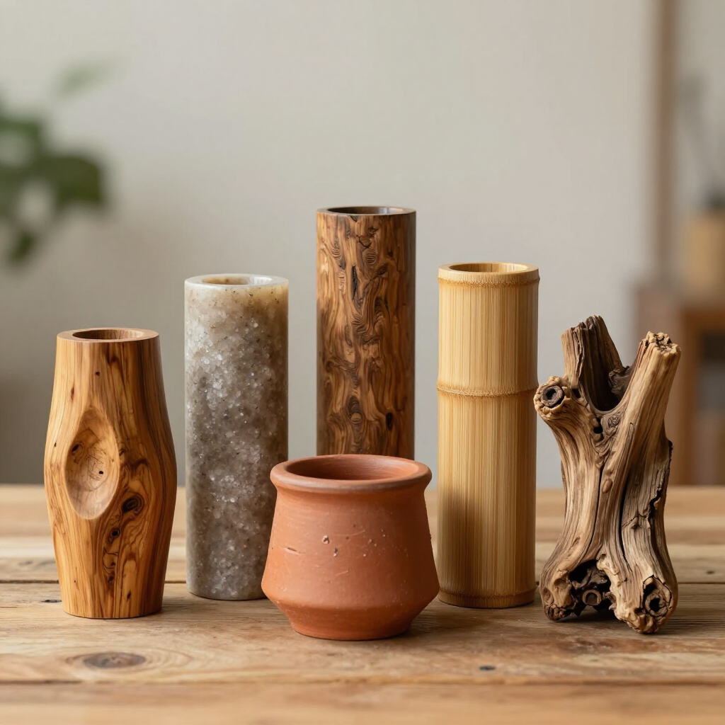 Six diverse vases, including wood, bamboo, stone, and terracotta designs, are arranged on a wooden table.