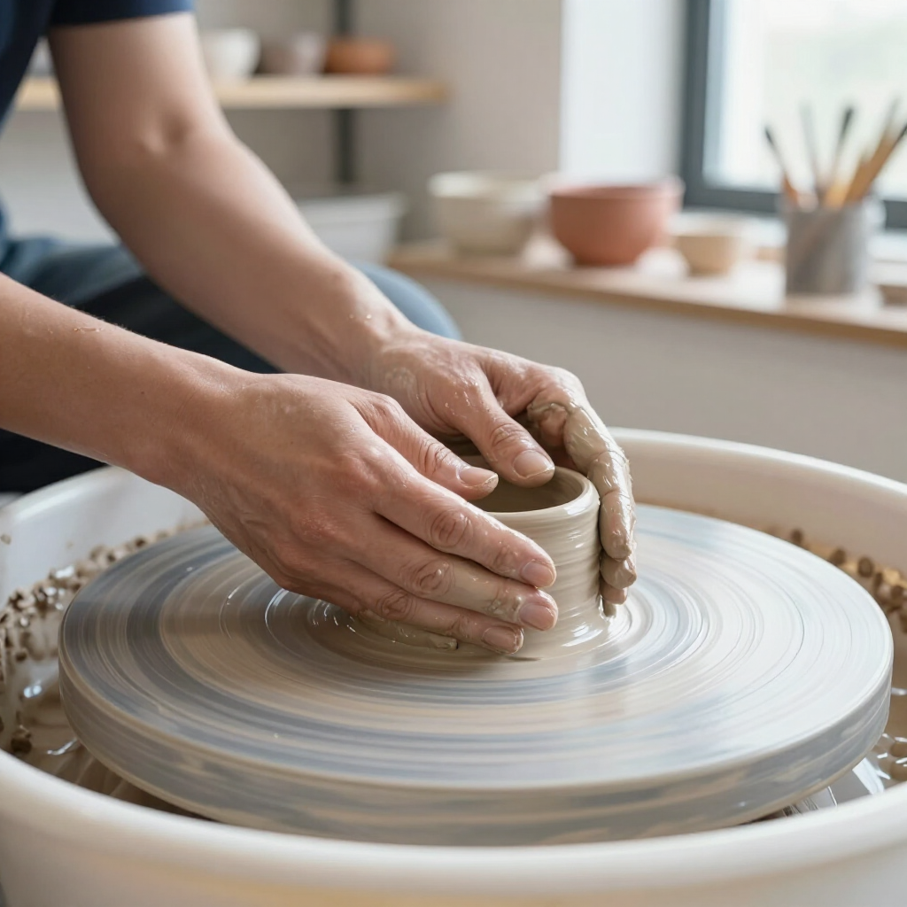 Hands shape a small, wet clay vessel on a spinning pottery wheel in a sunlit studio.