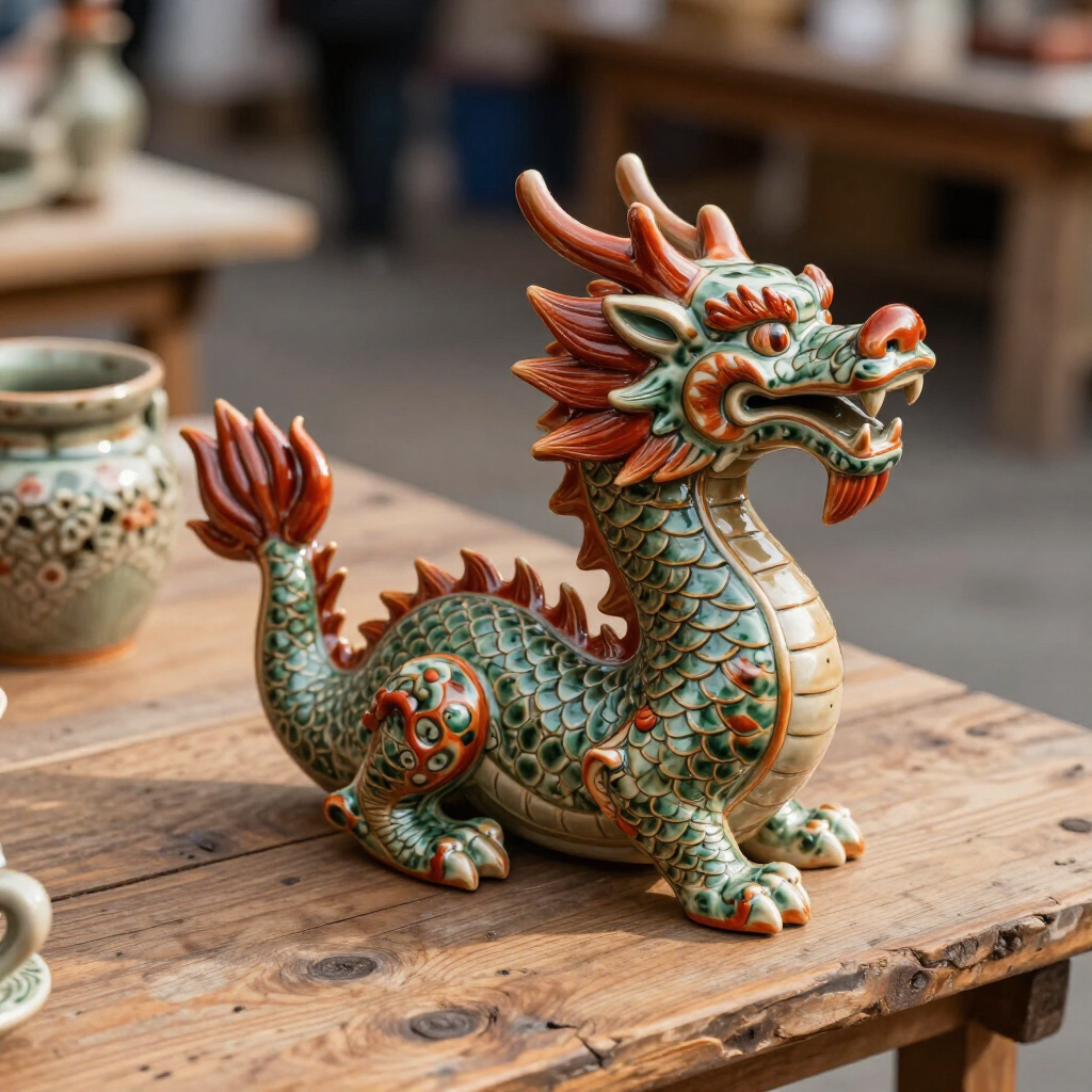 A ceramic Chinese dragon figurine with green and reddish-orange glaze, sitting on a wooden table at an outdoor market.