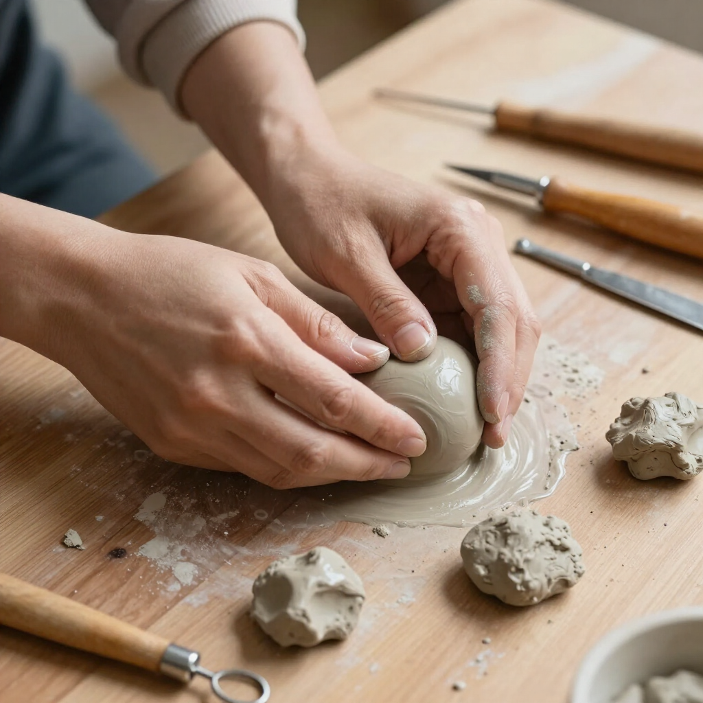 Hands shaping a ball of gray clay on a wooden table surrounded by sculpting tools and small clay pieces.