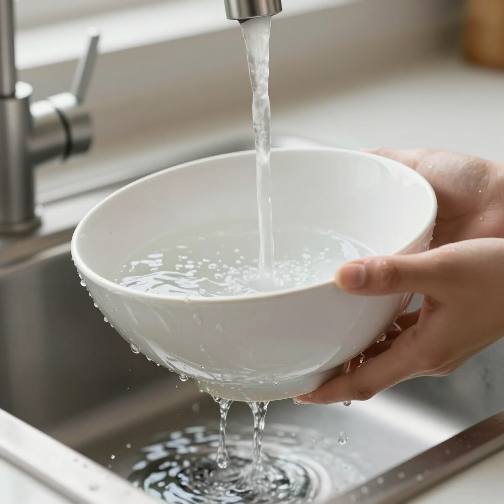 Water flows from a kitchen faucet into a white ceramic bowl held by a person over a stainless steel sink.