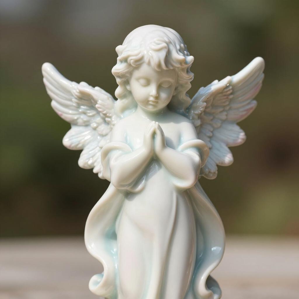 A pale blue ceramic angel figurine with wings spread and hands folded in prayer, set against a softly blurred background.