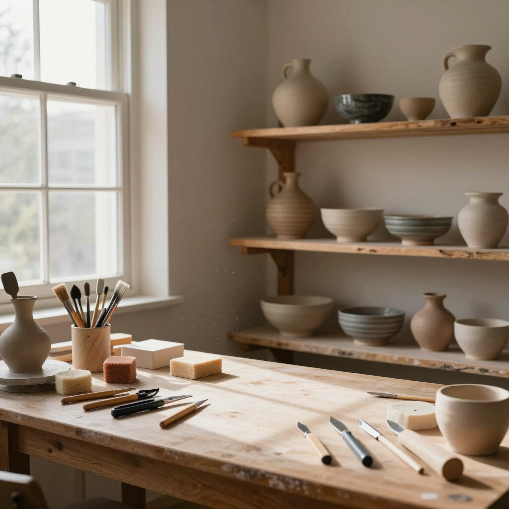 A wooden table filled with pottery tools and clay, set in a sunlit studio with shelves displaying handmade ceramics.