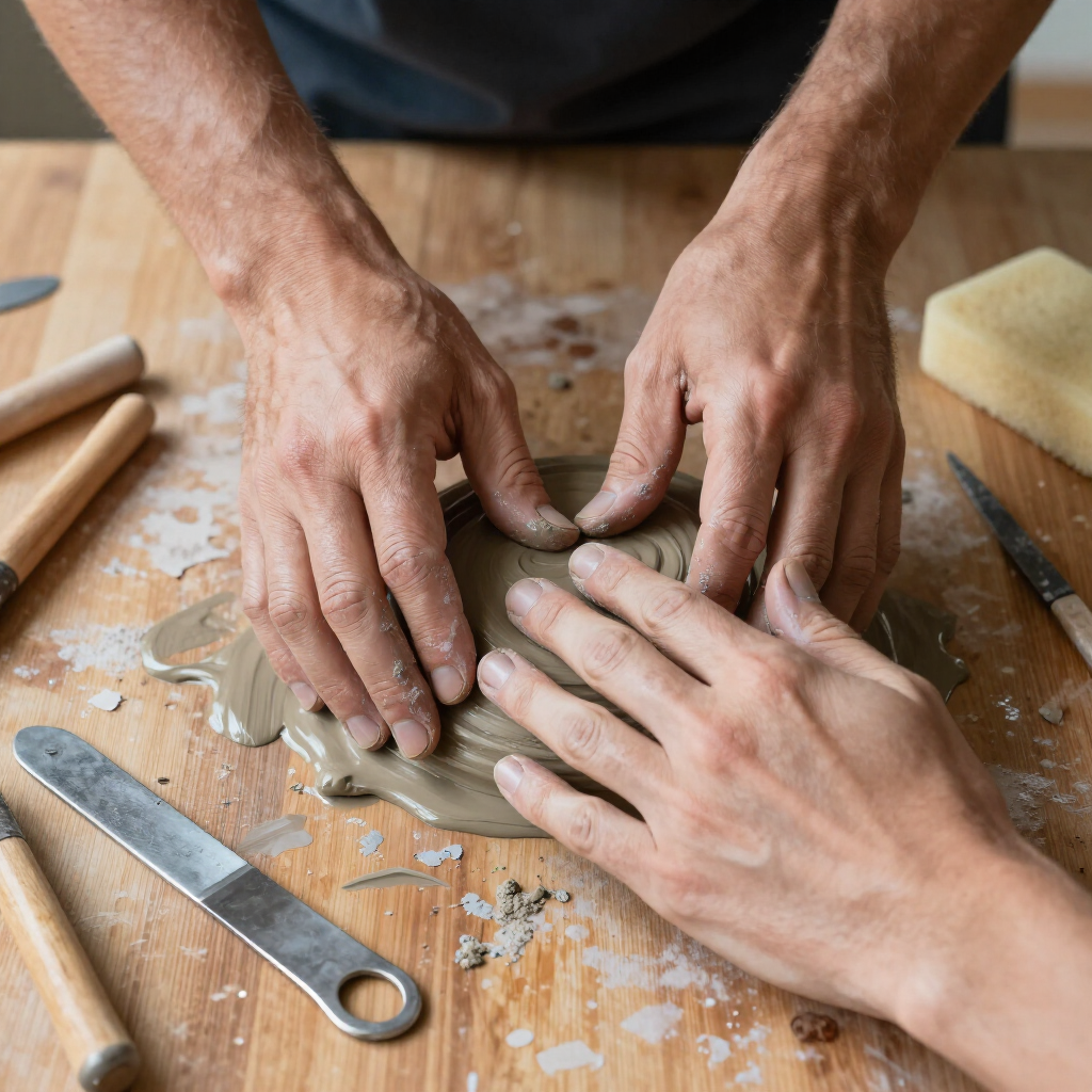 Hands shape a mound of wet clay on a pottery wheel in a bright studio.