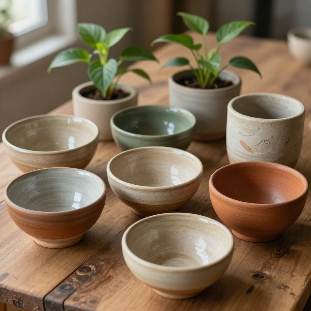 An assortment of handmade ceramic bowls and small potted plants arranged on a wooden table.