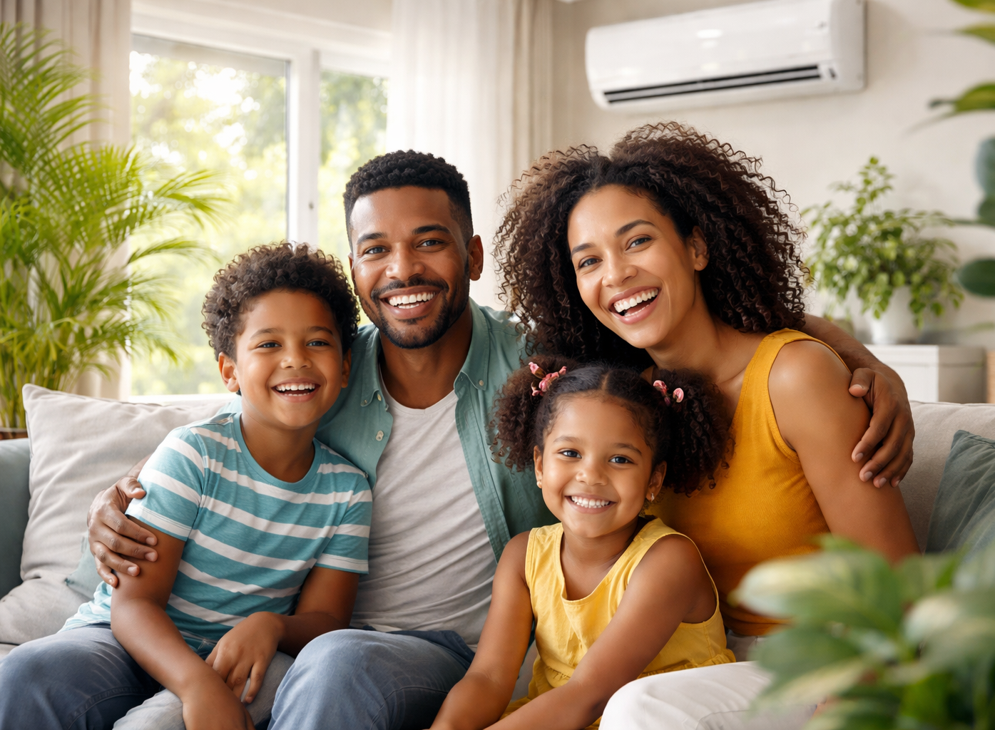 Family of four smiling on a couch, surrounded by plants and in front of a window.