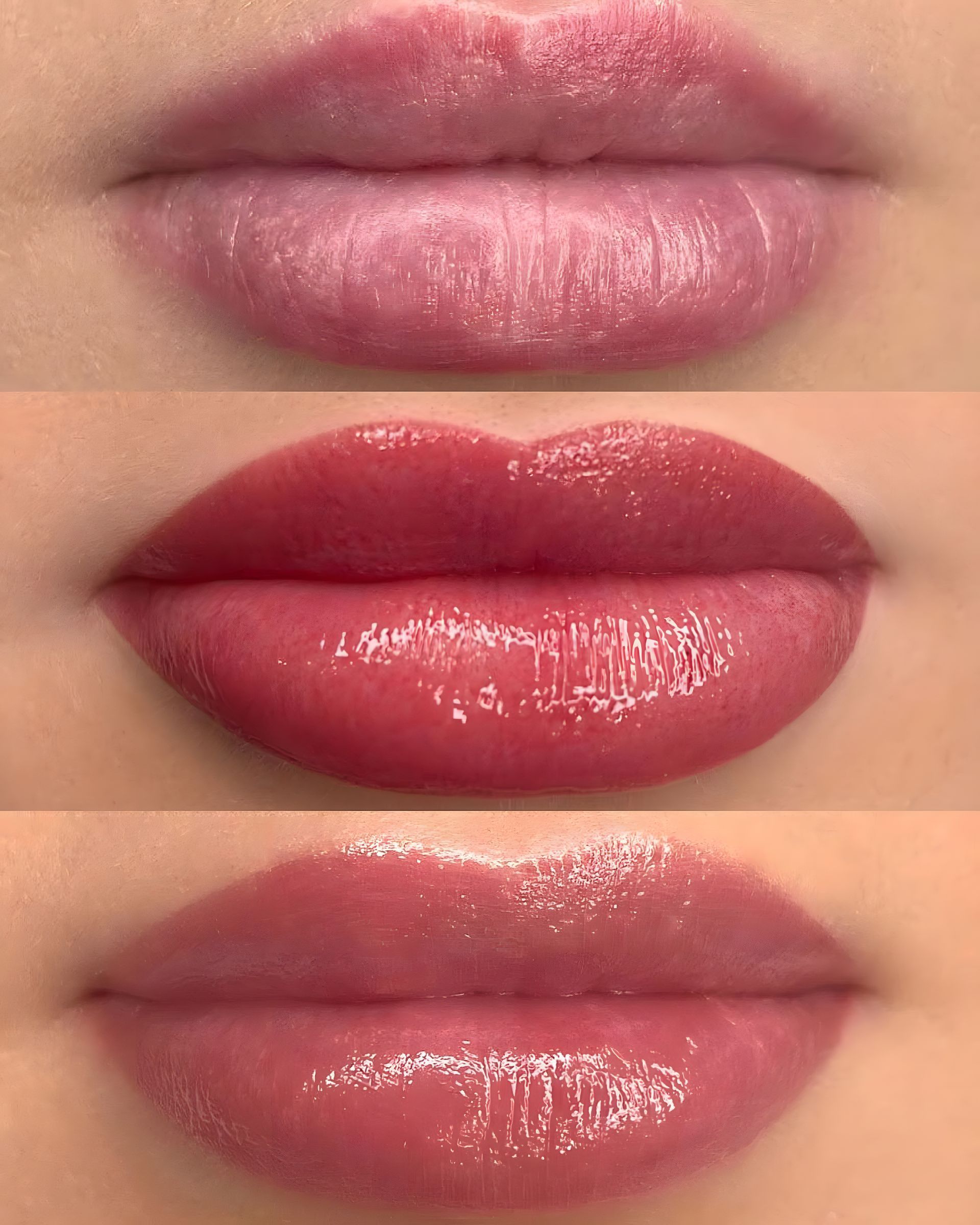 Three glossy pink lip makeup looks stacked vertically, showing different shades and finishes