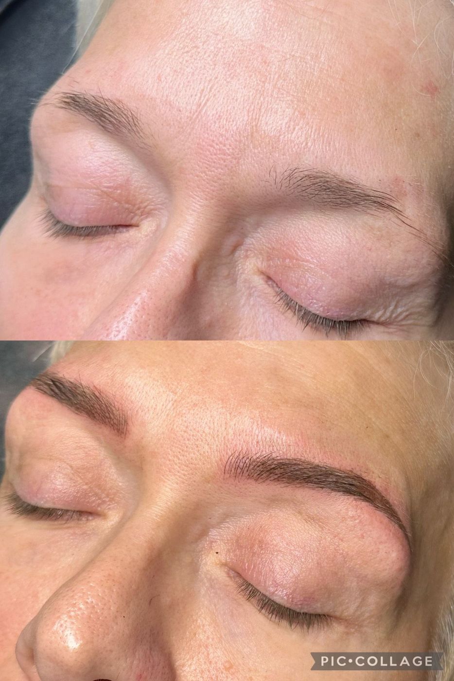Close-up of closed eyelids showing before-and-after eyebrow grooming with tinted, shaped brows.