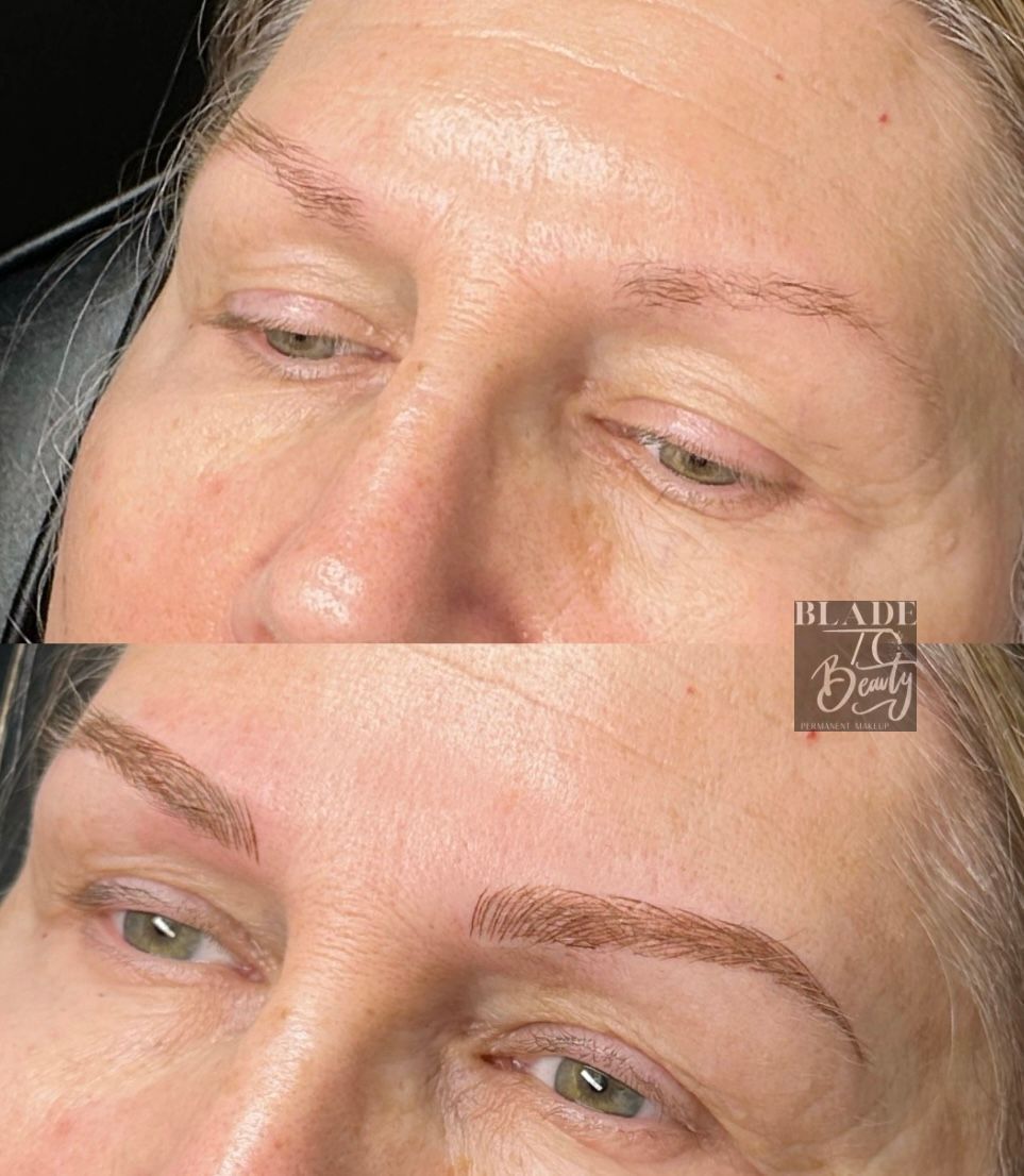 Close-up of a woman's eyes showing before-and-after eyebrow microblading results