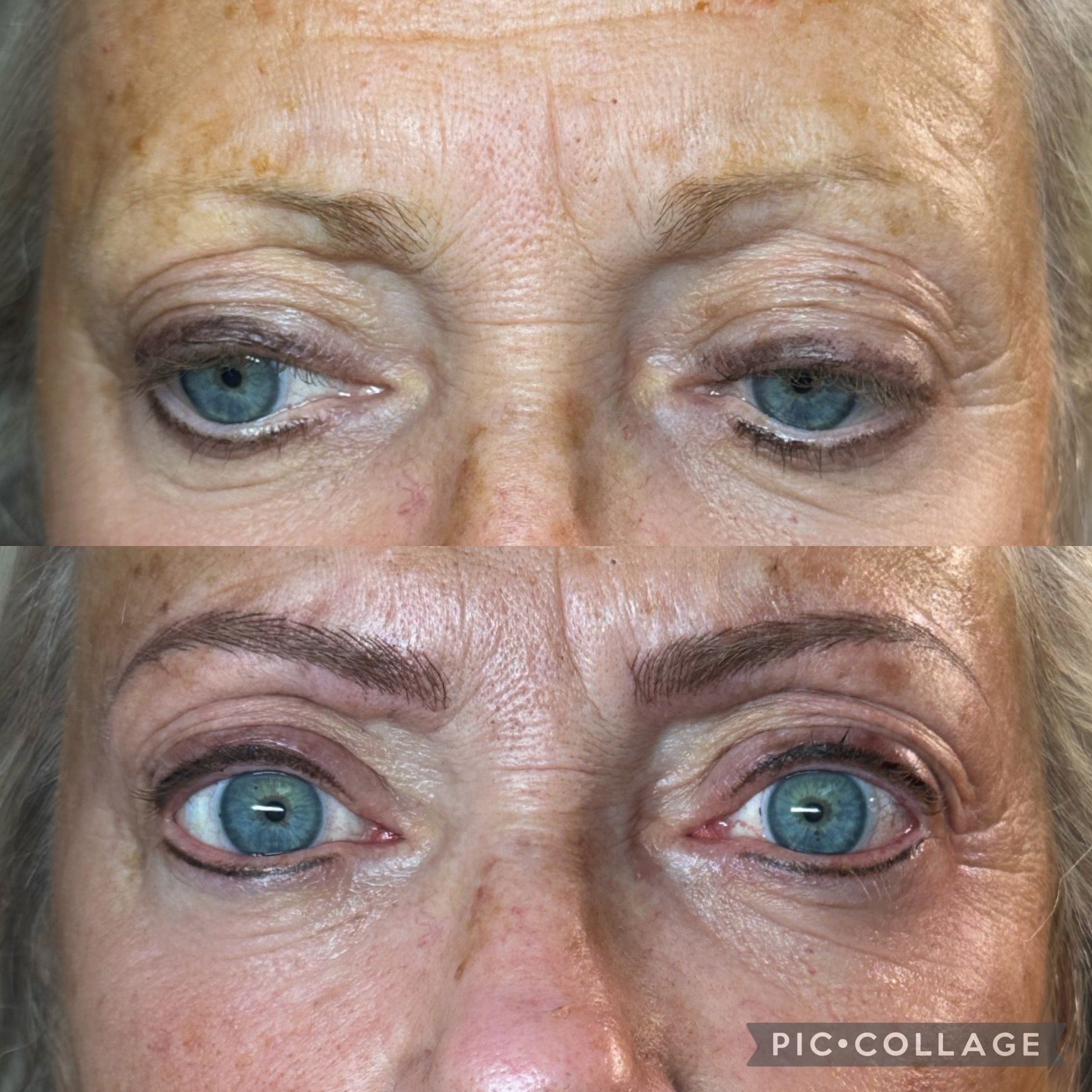 Close-up comparison of a woman’s eyes before and after makeup, with a collage watermark in the corner