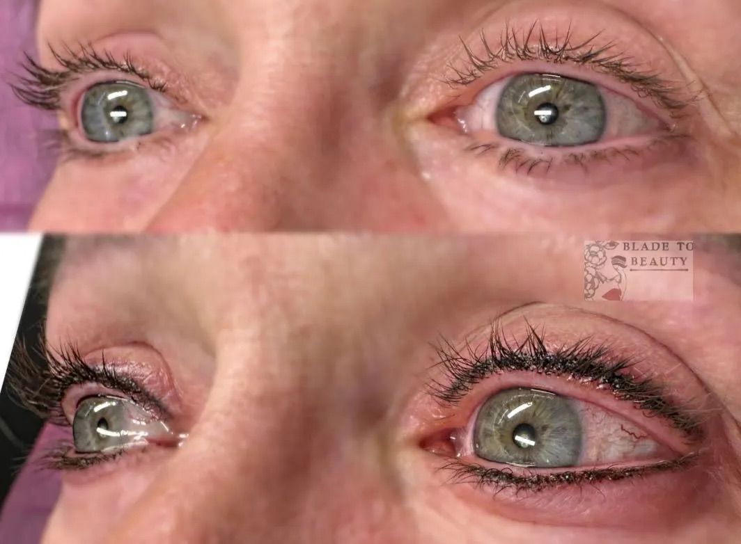 Before-and-after close-up of blue eyes, with the bottom image showing more defined lashes and eyeliner.