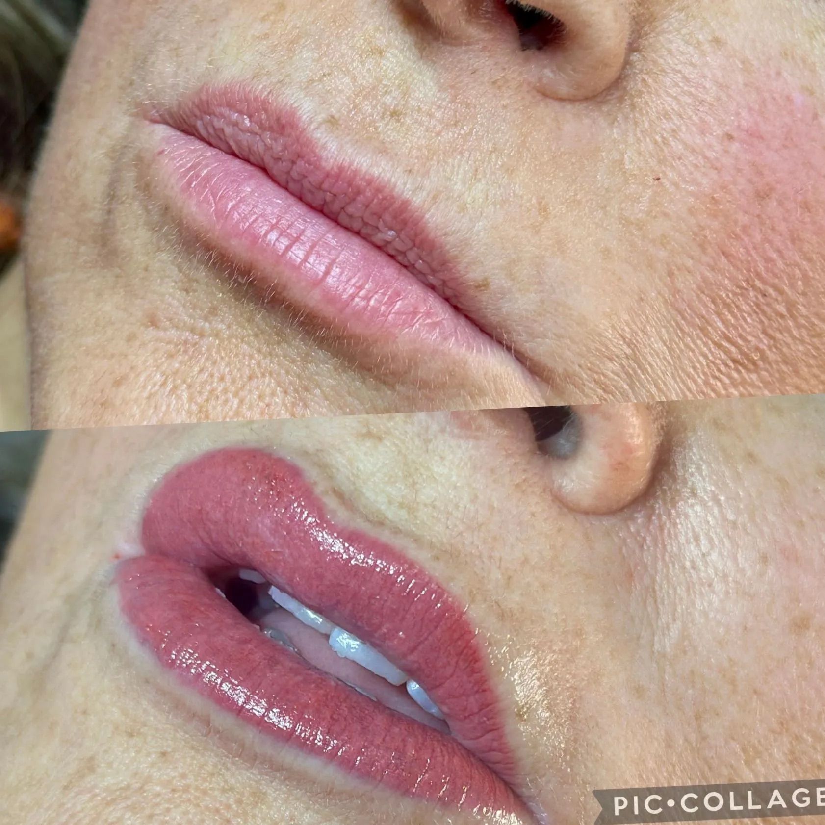 Close-up of lips before and after glossy pink lip makeup application