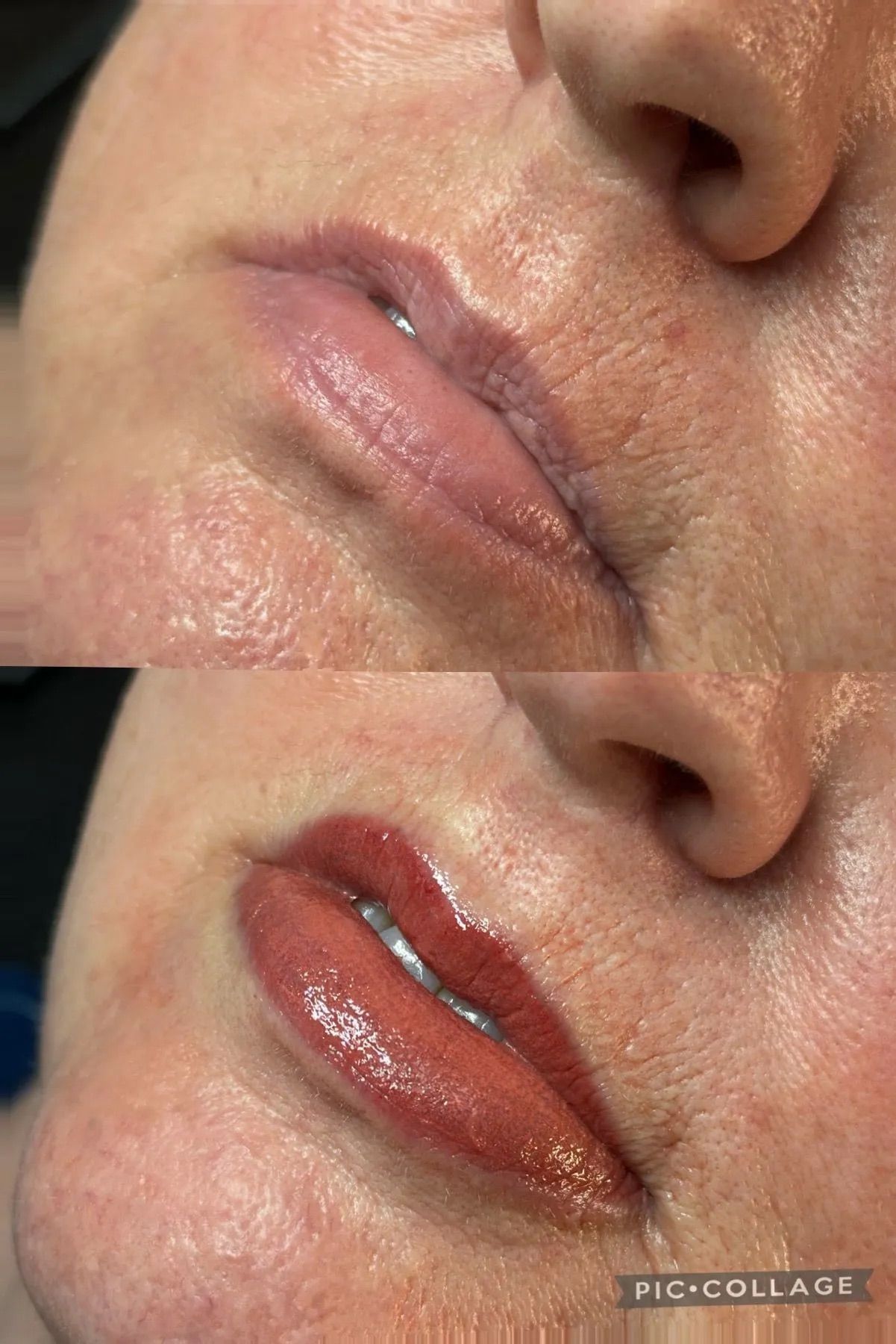 Close-up of lips with pale, untreated skin above and glossy red lipstick below, shown in a before-and-after style split.
