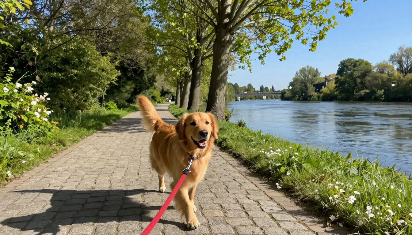 Chien heureux en promenade sur les bords de Loire à La Ville-aux-Dames