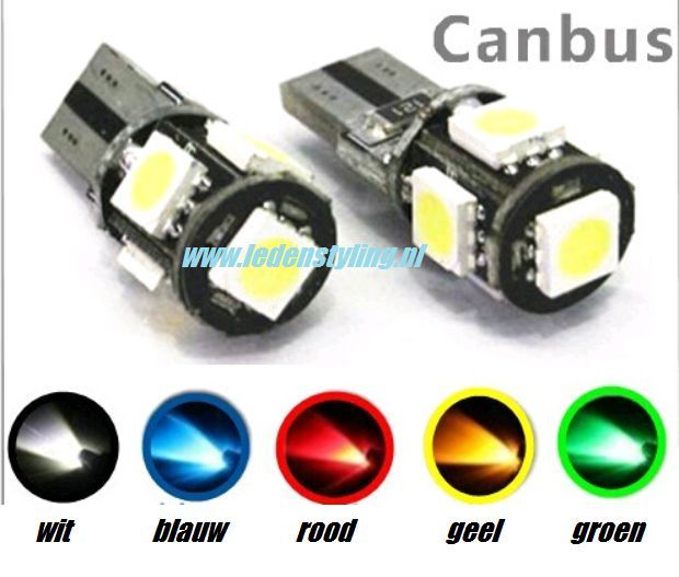 5 SMD CANBUS LED W5W T10 (Wit/Blauw/Geel/Rood/Groen)