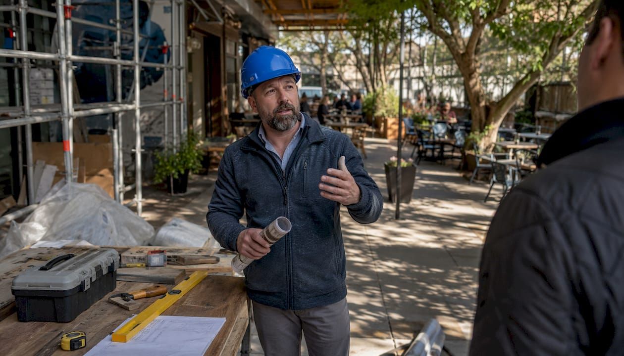 Contractor reviewing plans in a remodeled office