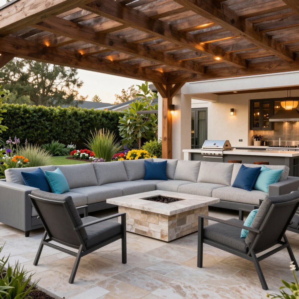 Covered patio with gray sectional, fire pit table, and lounge chairs beside a modern outdoor kitchen