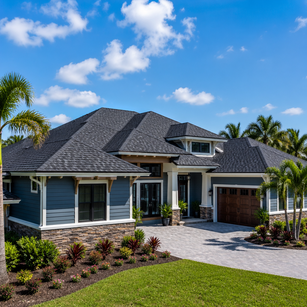Modern single-story suburban house with gray roof, blue siding, stone accents, and a landscaped front yard under a sunny sky