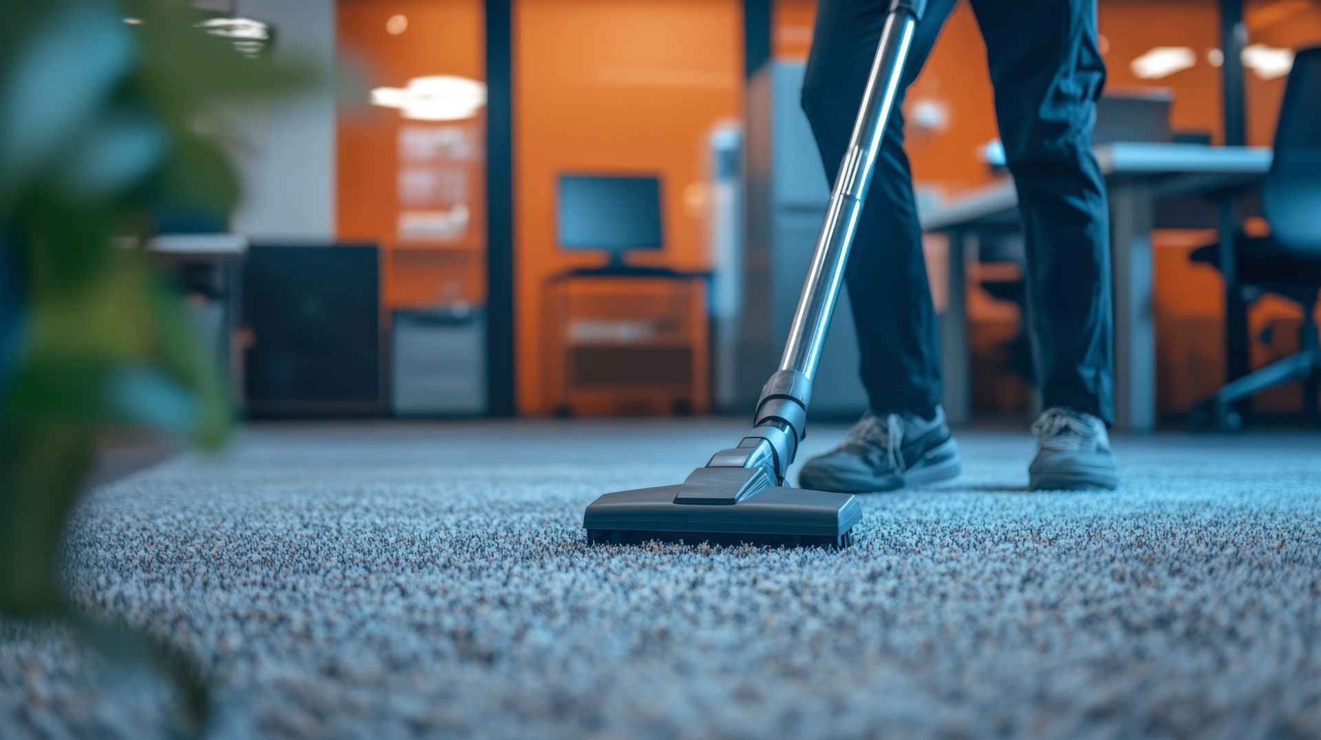 Personne passant l'aspirateur sur un tapis dans un bureau. Tons bleus et orange.
