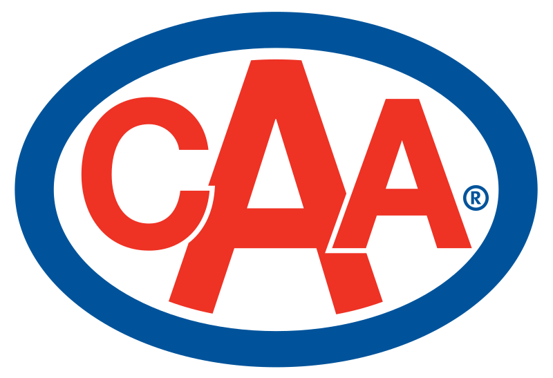 A red and blue caa logo in a blue circle