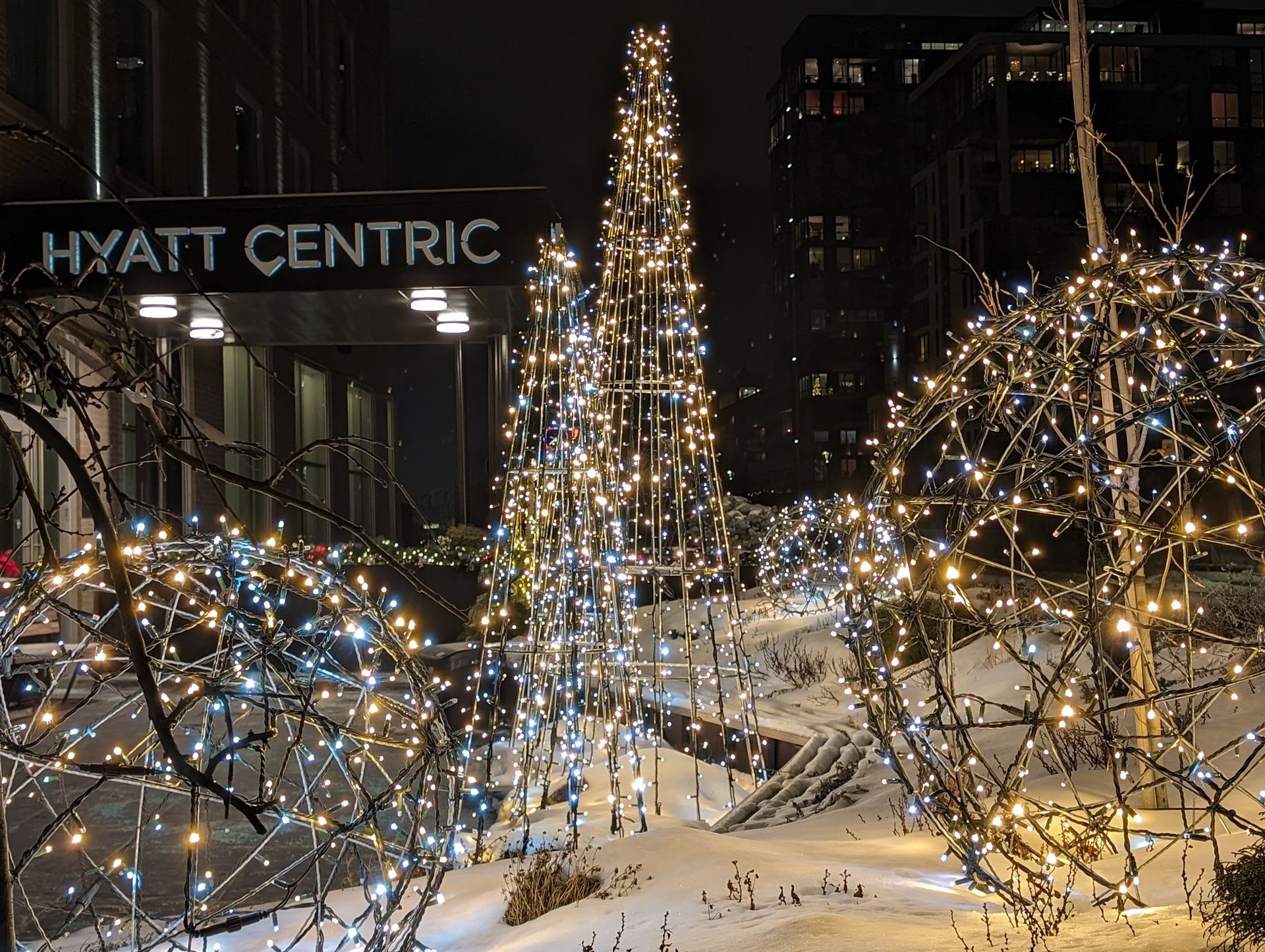 Entrée de l'hôtel Hyatt Centric illuminée de lumières de Noël blanches ; sol recouvert de neige.