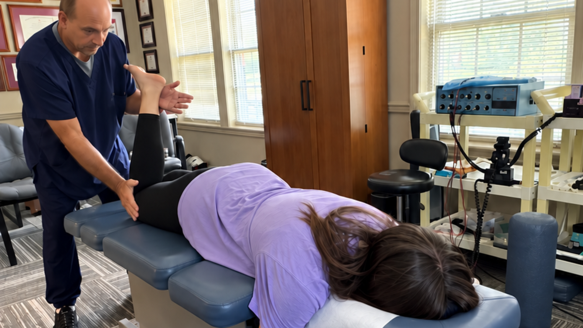 Dr. Thomas Eyrich adjusting a patient lying face down on a treatment table in a clinic room