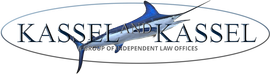 Logo for Kassel and Kassel, a group of independent law offices, featuring a marlin illustration inside a grey oval.