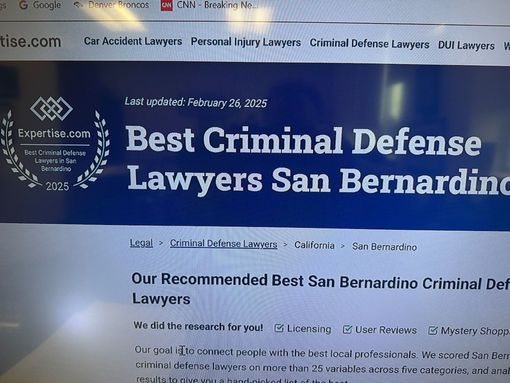 A screenshot of an Expertise.com webpage listing the best criminal defense lawyers in San Bernardino as of February 2025.
