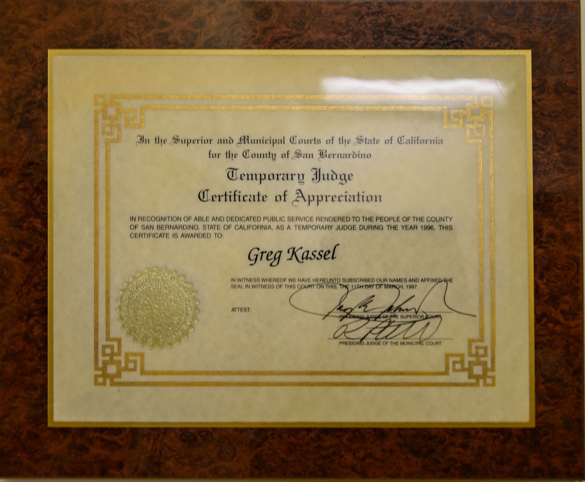 Superior and Municipal courts of California and county of san bernardino temporary judge certificate of appreciation
