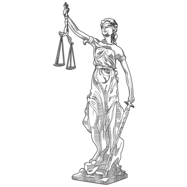 A sketch of Lady Justice wearing a blindfold, holding a set of scales in her right hand and a sword in her left.