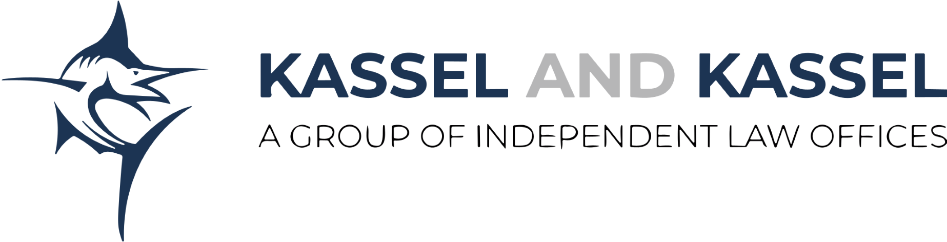 Logo for Kassel and Kassel, A Group of Independent Law Offices, featuring a stylized dark blue marlin graphic.