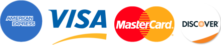 Logos for American Express, Visa, MasterCard, and Discover credit and debit cards.