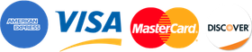 Logos for American Express, Visa, Mastercard, and Discover credit card payment methods.