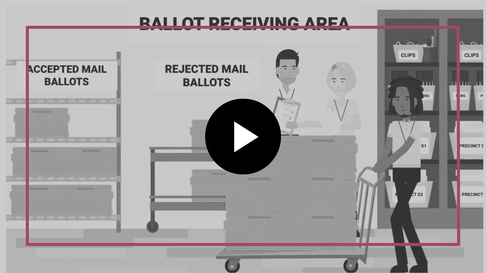 Ballot receiving area with accepted and rejected mail ballots, staff, and a voter beside a ballot box.