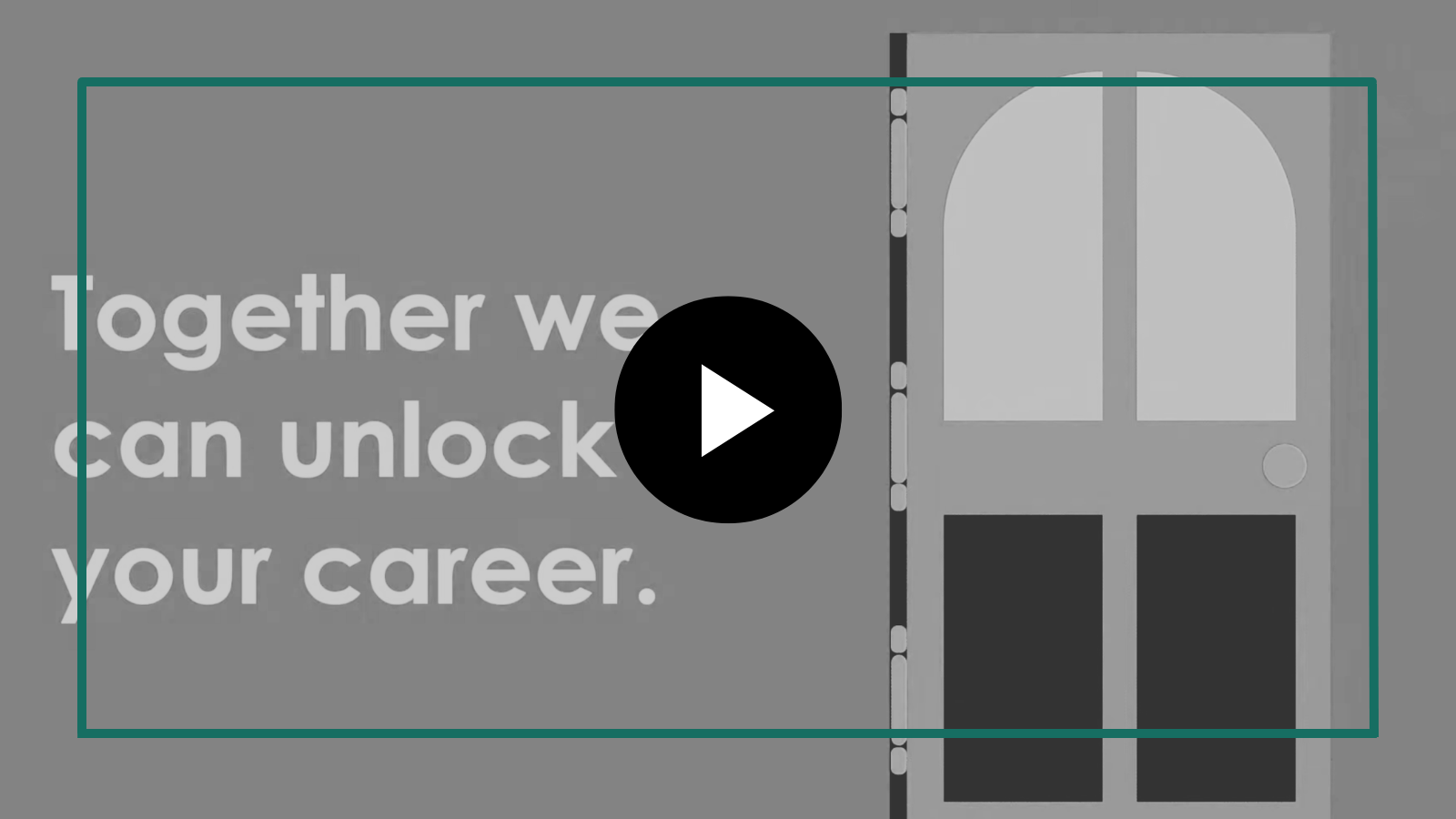 Gray ad banner with text “Together we can unlock your career” and a door icon with a play button overlay