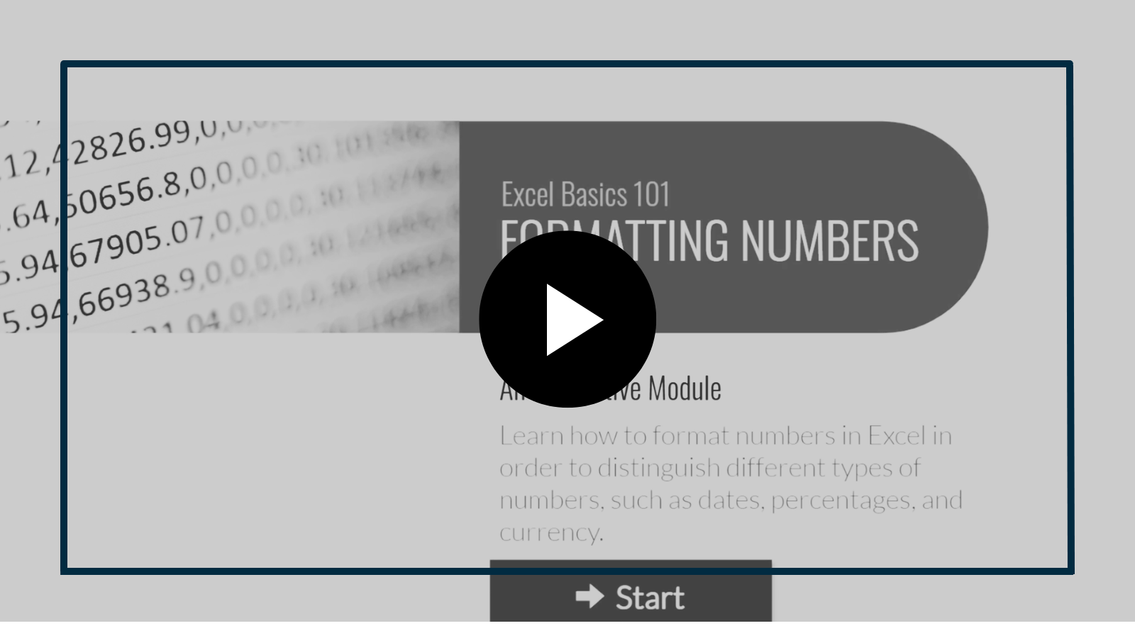 Paused video tutorial slide about formatting numbers in Excel, with a large play button over the thumbnail