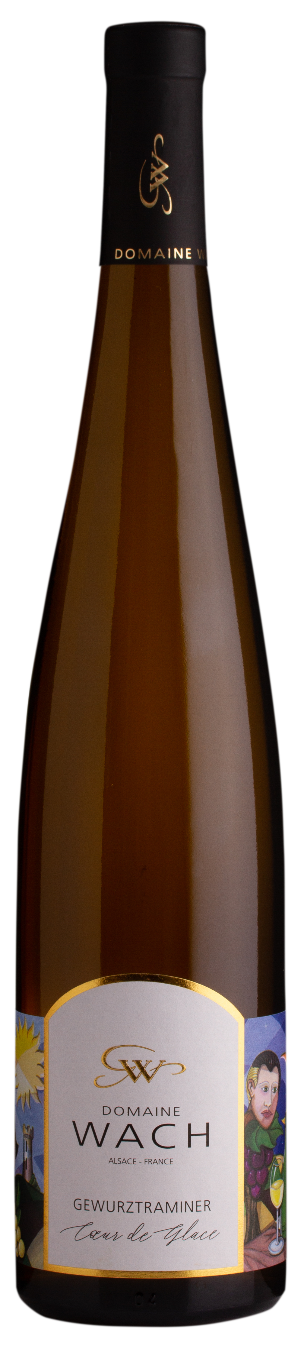 Un gros plan d'une bouteille de vin sur fond blanc.