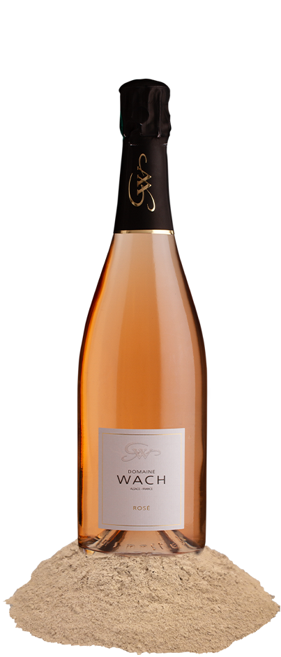 Une bouteille de champagne est posée sur un tas de sable.