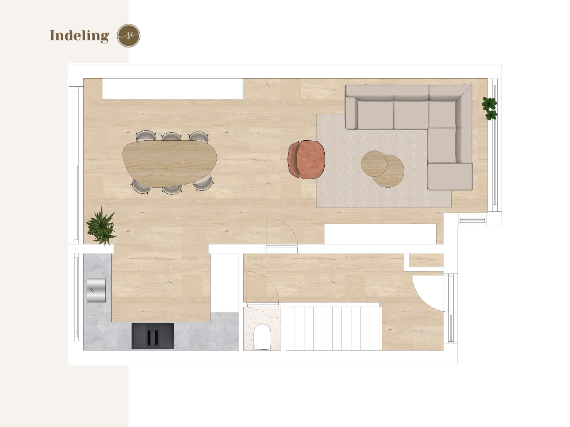 Plattegrond van een woonkamer met eethoek, keuken en zithoek.
