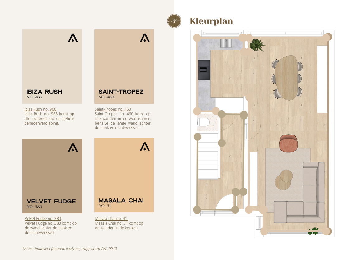 Plattegrond met kleurstalen: beige muren, houten vloeren, keuken, eetkamer, woonkamer.