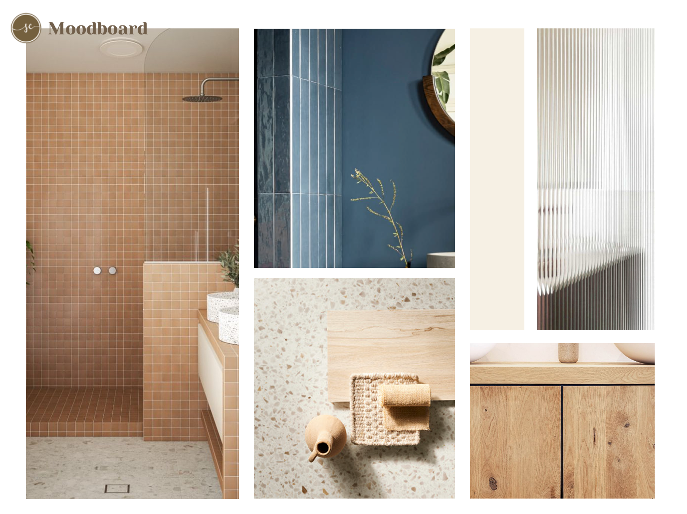 Moodboard: Badkamerontwerp met neutrale tinten, douche, blauwe accentmuur, texturen.