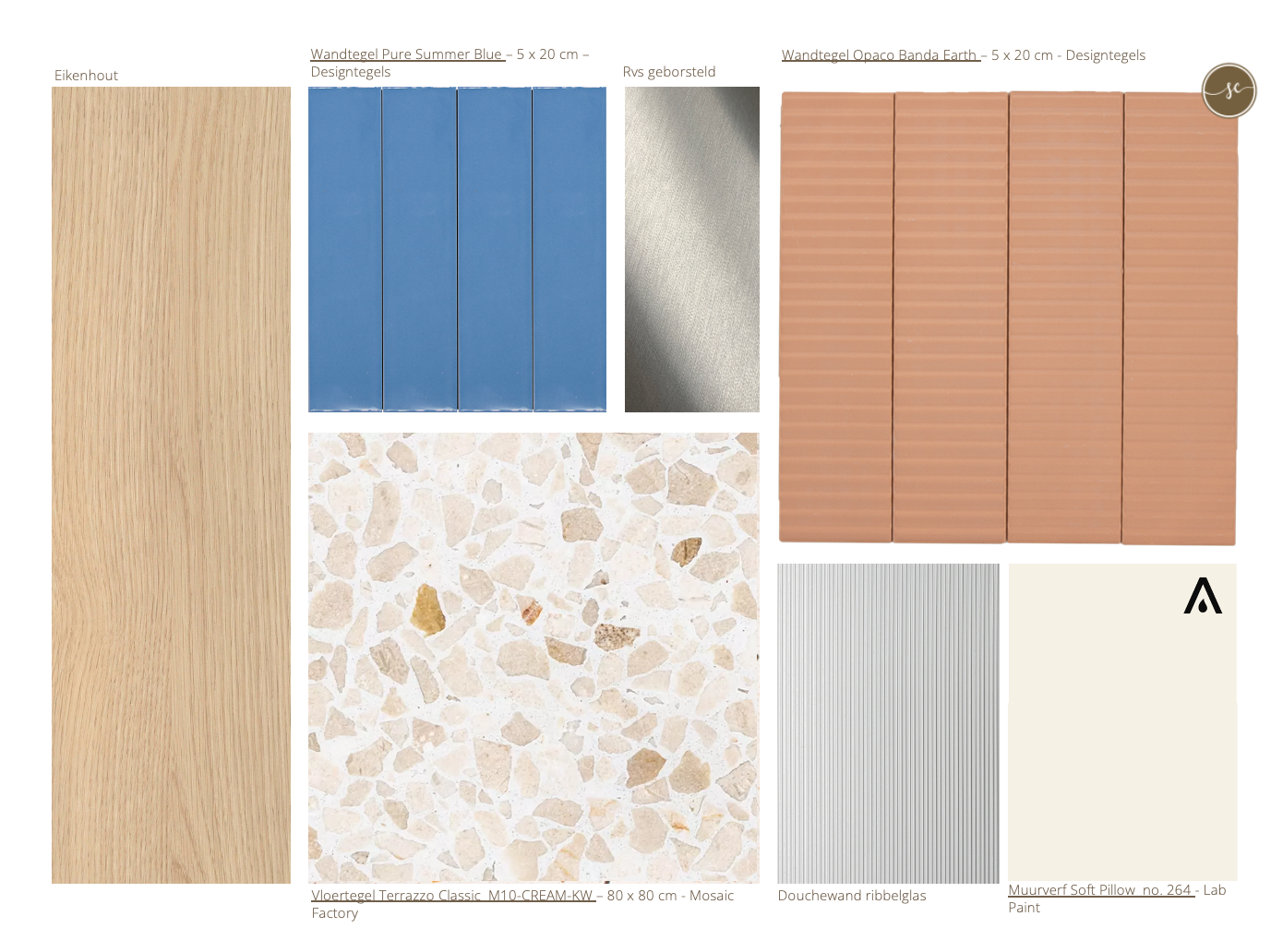 Moodboard met hout, blauwe tegels, zilver met textuur, terracotta jaloezieën, terrazzo, geribbeld paneel en crème.